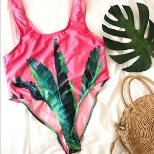 Hot pink tropical one piece bathing suit